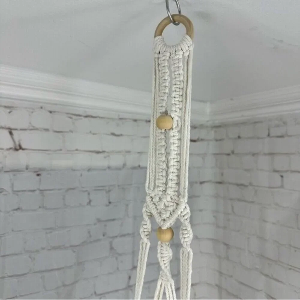Lot of 4 Macrame Plant Hangers‎ Off White Cotton Boho Beaded Indoor Outdoor NEW